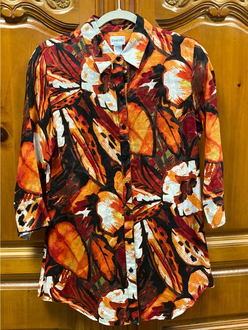Chico’s 100% Linen Abstract Floral Button Front Tunic Blouse Orange Rust